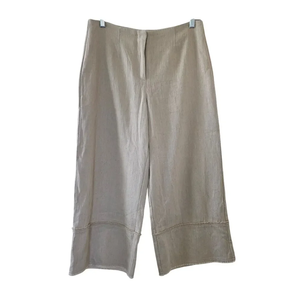 Zara Wide Leg Pants Beige Women Size L Linen Cotton Blend High Rise
